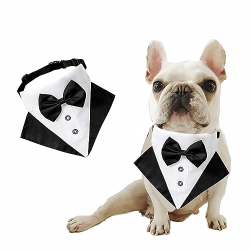 Formelles Hund Smoking Bandana, verstellbares schwarzes Hundehalsband mit Fliege Hund Hochzeit Bandana Anzug Haustier Halstuch für kleine mittelgroße Hunde Katzen (Groß (Länge 23,62 ")) von Suxgumoe