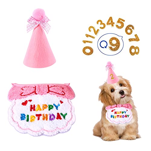 Hund Geburtstag Party Hut Lätzchen Set, Katze Geburtstag Party Supplies, Welpen Bandana Schal und Hut für Kleintiere Katze Hund (Rosa) von Suxgumoe
