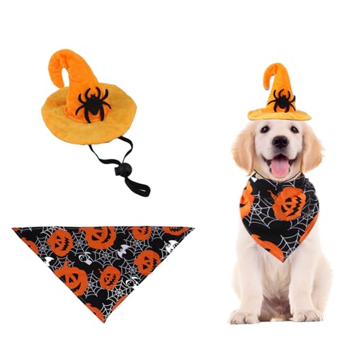 Hund Halloween Kostüm Set - Welpe Katze Kürbis Bandana Schal und Hexenhut, Halloween Kürbis Muster Kostüm Anzug Kätzchen Outfit Kleidung für Katzen Kleine Mittlere Hunde Party Dekorationen von Suxgumoe