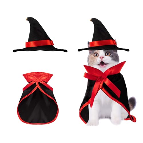 Hund Halloween Kostüme, Welpe Katze Vampir Umhang mit Hexenhut, Haustier Cosplay Kleidung Halloween Haustier Kostüm für kleine Hunde Katze Halloween Party Dekorations (S) von Suxgumoe