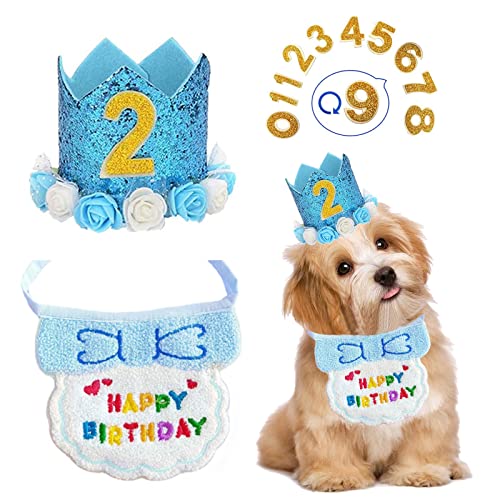 Hunde-Geburtstags-Bandana, Hunde-Krone Geburtstagshut und Zahl, wiederverwendbare Welpen-Katze, Geburtstagsdekorationen, Zubehör für kleine, mittelgroße Hunde (blau) von Suxgumoe