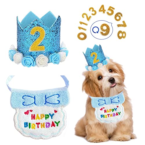Hunde-Geburtstags-Bandana, Hunde-Krone Geburtstagshut und Zahl, wiederverwendbare Welpen-Katze, Geburtstagsdekorationen, Zubehör für kleine, mittelgroße Hunde (blau) von Suxgumoe