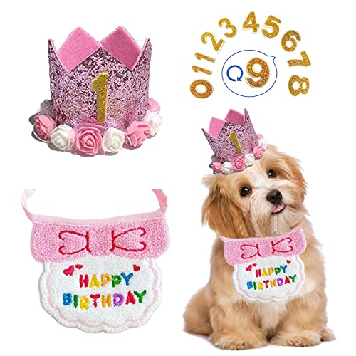 Hunde-Geburtstags-Bandana, Hundekrone, Geburtstagshut und Zahl, wiederverwendbare Welpen, Katze, Geburtstagsdekorationen, Zubehör für kleine, mittelgroße Hunde (Rosa) von Suxgumoe