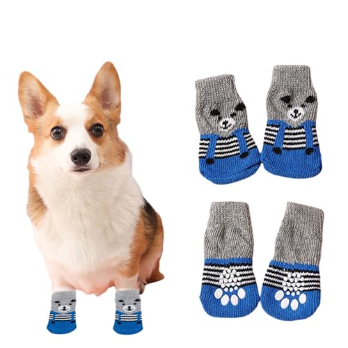 Suxgumoe Hundesocken, 4 Stück Baumwoll Anti Rutsch Welpen Katzen Socken, Hundeschuhe Haustierpfoten Schutz für drinnen,draußen (größ, Blauer Bär) von Suxgumoe