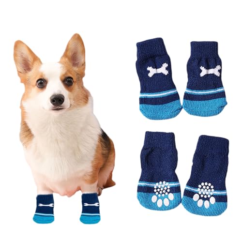 Suxgumoe Hundesocken, 4 Stück Baumwoll Anti Rutsch Welpen Katzen Socken, Hundeschuhe Haustierpfoten Schutz für drinnen,draußen (größ, Blaustein) von Suxgumoe
