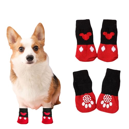 Hundesocken, 4 Stück Baumwoll Anti Rutsch Welpen Katzen Socken, Hundeschuhe Haustierpfoten Schutz für drinnen,draußen (größ, rot) von Suxgumoe