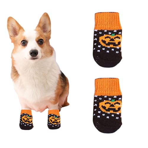 Hundesocken, 4 Stück Baumwoll Anti Rutsch Welpen Katzen Socken, Hundeschuhe Haustierpfoten Schutz für drinnen,draußen (größ, schwarzer Kürbis) von Suxgumoe