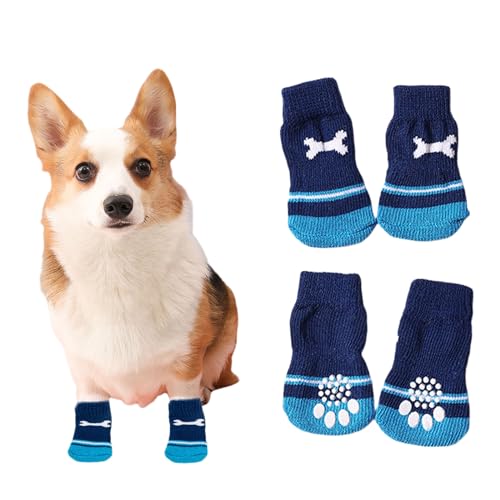 Hundesocken, 4 Stück Baumwoll Anti Rutsch Welpen Katzen Socken, Hundeschuhe Haustierpfoten Schutz für drinnen,draußen (klein, Blaustein) von Suxgumoe