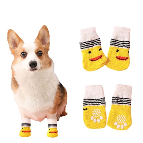 Hundesocken, 4 Stück Baumwoll Anti Rutsch Welpen Katzen Socken, Hundeschuhe Haustierpfoten Schutz für drinnen,draußen (klein, gelbe Ente) von Suxgumoe