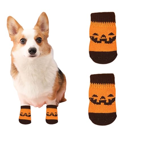Suxgumoe Hundesocken, 4 Stück Baumwoll Anti Rutsch Welpen Katzen Socken, Hundeschuhe Haustierpfoten Schutz für drinnen,draußen (klein, orangefarbener Kürbis) von Suxgumoe