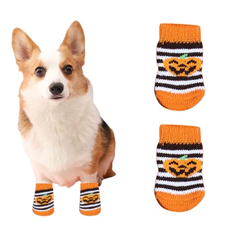 Suxgumoe Hundesocken, 4 Stück Baumwoll Anti Rutsch Welpen Katzen Socken, Hundeschuhe Haustierpfoten Schutz für drinnen,draußen (mittel, gestreifter Kürbis) von Suxgumoe