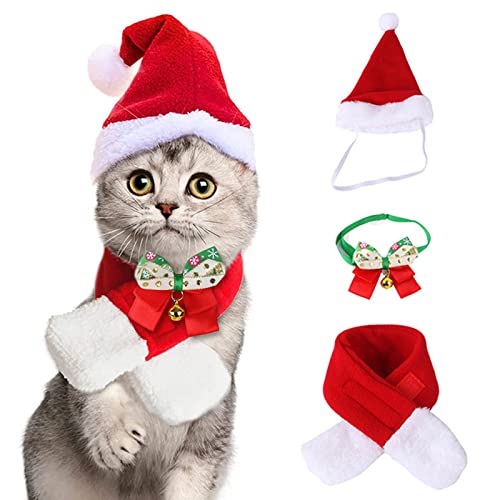 Katze Hund Weihnachtsmannmütze mit Schal Kragen Fliege Rot Weihnachten Kostüm Set mit Fliege für Katzen Hunde Haustiere von Suxgumoe