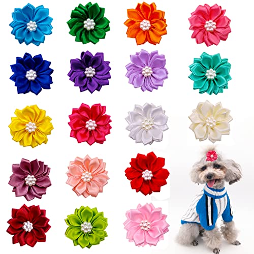Suxgumoe Hund Haarschmuck Accessoires, 20 Stück Mehrfarbige Blumenperlen, Tierhaarschleifen mit Gummibändern für Kleine Mittelgroße Hunde, Welpen, Katzen, Kätzchen von Suxgumoe
