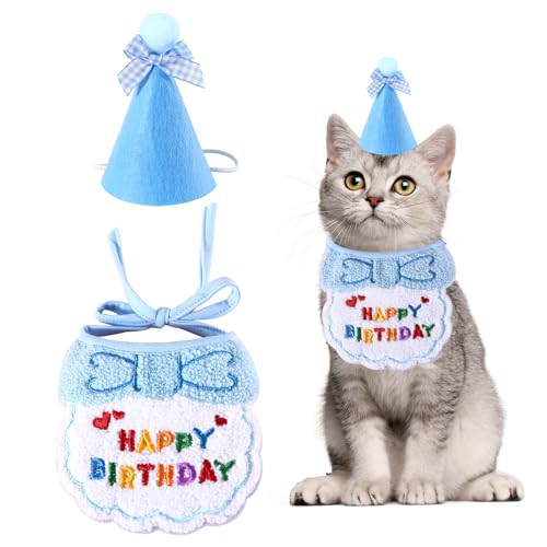 Geburtstagshut und Schal für kleine Hunde und Katzen, niedlicher Katzen-Geburtstagshut, Happy Birthday-Dekoration, Haustier-Geburtstagsset, Partyzubehör (blau) von Svalor