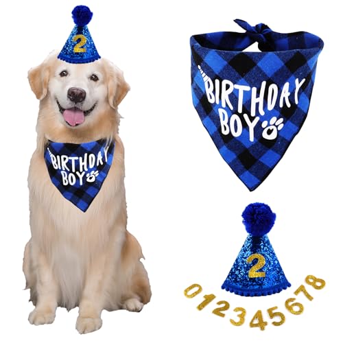 Hunde Geburtstag Hut Bandana Set, 3 Stücke Hunde Geburtstags Bandana Mütze mit 8 Bling Nummern, Hundegeburtstagsgeschenk, Hund Geburtstag Deko, Hund Geburtstag Party Zubehör Für Welpen Kätzchen (Blau) von Svalor