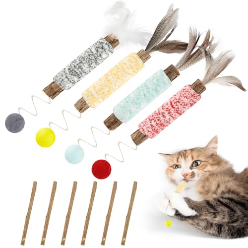 Matatabi Stick Katze, Katzenminze Sticks, 4 Stück Katzensticks Bunt mit 6 Stück Katzen Kausticks, Katzenminze Spielzeug zum Schleifen von Zähnen, Zahnpflege und Gegen Mundgeruch von Svalor