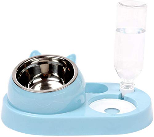 Sweelive Katzen-Tränke, Doppel-Katzen-Napf, 2-in-1, automatische Wasserspender für Katzen und Hunde, Napf für Katzen mit neigbarem Design mit 500 ml Wasserflasche (blau) von Sweelive