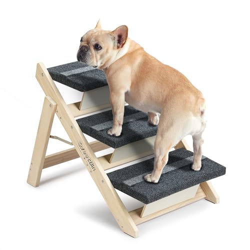 Holz-Haustiertreppe/Haustierstufen für alle Hunde und Katzen – 2-in-1 Faltbare Hundetreppe mit Teppichboden und 3 Ebenen & Rampe für Betten und Autos – tragbare Hunde-/Katzenleiter bis zu 54 kg von SweetBin