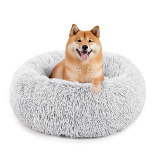 Sweetcrispy Hundebett für kleine, mittelgroße Hunde und Katzen, Anti-Angst-Hundebett, 61 cm, rutschfest, rund, flauschig, Plüsch-Kunstfell, Katzenbett, passend für Haustiere bis zu 11,3 kg, Grau Sweetcrispy Hundebett für kleine, mittelgroße Hunde und Katzen, Anti-Angst-Hundebett, 61 cm, rutschfest, rund, flauschig, Plüsch-Kunstfell, Katzenbett, passend für Haustiere bis zu 11,3 kg, Grau von Sweetcrispy