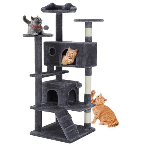 Sweetcrispy Katzenbaumturm, 137,2 cm, mehrstöckig, mit Sisal-Kratzbaum, perfektes Haustiergeschenk, Indoor-Kondo mit Kletterleiter, Plüschtier und mehr Tiersachen, Grau Sweetcrispy Katzenbaumturm, 137,2 cm, mehrstöckig, mit Sisal-Kratzbaum, perfektes Haustiergeschenk, Indoor-Kondo mit Kletterleiter, Plüschtier und mehr Tiersachen, Grau von Sweetcrispy