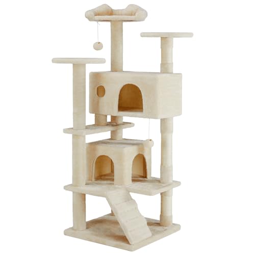 Sweetcrispy Kratzbaum,Katzenbaum Katzen Stabil,135cm Hoch,Mehrstöckiger Katzenkratzbaum Katzenmöbel mit Kratzsäulen Plattformen Höhlen Plüschbälle,Beige von Sweetcrispy