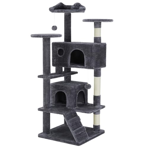 Sweetcrispy Kratzbaum,Katzenbaum Katzen Stabil,135cm Hoch,Mehrstöckiger Katzenkratzbaum Katzenmöbel mit Kratzsäulen Plattformen Höhlen Plüschbälle,Grau von Sweetcrispy