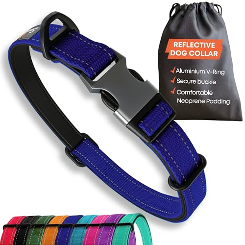Starkes Hundehalsband, mittelgroße Hunde, reflektierend, gepolstert, verstellbar, Sicherheits-Metallschnalle, Aluminium-V-Ring, nautisches Marineblau Starkes Hundehalsband, mittelgroße Hunde, reflektierend, gepolstert, verstellbar, Sicherheits-Metallschnalle, Aluminium-V-Ring, nautisches Marineblau von Sweetie