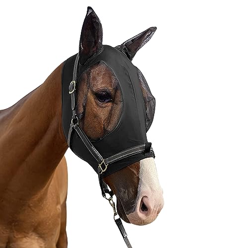 Fliegenmaske Pferde, Fliegenhaube Pferde, Pferde Fliegenmaske mit Ohren UV-Schutz Elastizität Pferde Fliegenmaske,Super Fit Pferdefliegenmaske schwarz(L) von Sweetone