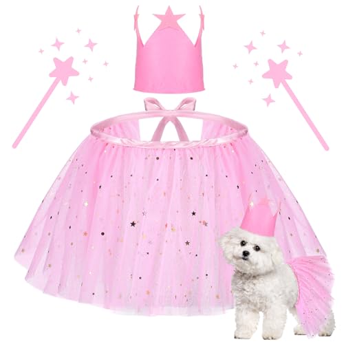 Sweetude 2-teiliges Hunde-Prinzessinnen-Tüll-Tutu-Outfit, Haustier-Kronenhut mit Sternen, Geburtstagskostüm, Rock, Hexen-Partyzubehör für Geburtstag, Hochzeit, Party, Fotos, Requisiten, 40,6 - 58,9 cm von Sweetude
