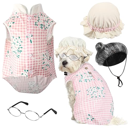 Sweetude 4 Stücke Alte Dame Kostüm für Hund Oma Hunde Kostüm mit Rosa Floral Hundekleid Alte Dame Haustiere Perücke Lustige Hund Katze Retro Sonnenbrille Spitze Sonnenhaube für Halloween Reiten Kapuze Sweetude 4 Stücke Alte Dame Kostüm für Hund Oma Hunde Kostüm mit Rosa Floral Hundekleid Alte Dame Haustiere Perücke Lustige Hund Katze Retro Sonnenbrille Spitze Sonnenhaube für Halloween Reiten Kapuze von Sweetude