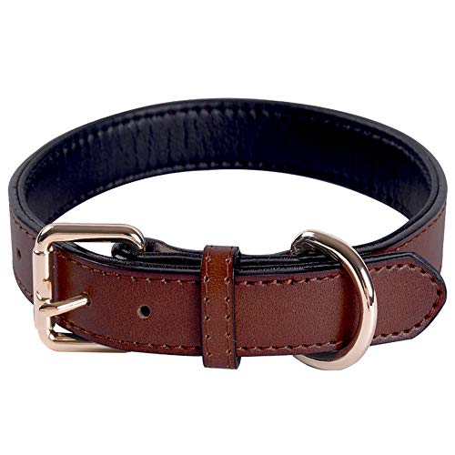 Echthaustierleder-Verstellbares Hundehalsband mit weichem, dickem Polster, am besten geeignet für kleine, mittlere und große Hunderrassen (Braun) (Größe Mittel) von SweetyMooMoo