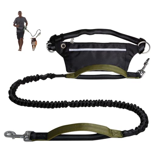 Freihändige Hundeleine mit Reißverschlusstasche, Zwei gepolsterten Griffen und verstellbarem Hüftgurt, Laufleinen, reflektierendes Design für Laufen und Gehen(Army Green) von Swiftelle