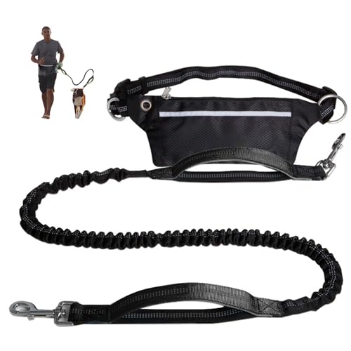 Freihändige Hundeleine mit Reißverschlusstasche, Zwei gepolsterten Griffen und verstellbarem Hüftgurt, Laufleinen, reflektierendes Design für Laufen und Gehen(Black) von Swiftelle