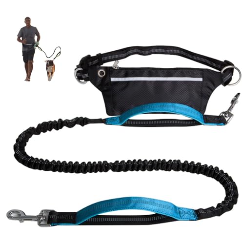 Freihändige Hundeleine mit Reißverschlusstasche, Zwei gepolsterten Griffen und verstellbarem Hüftgurt, Laufleinen, reflektierendes Design für Laufen und Gehen(Blue) von Swiftelle