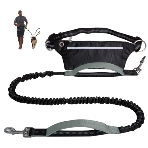 Freihändige Hundeleine mit Reißverschlusstasche, Zwei gepolsterten Griffen und verstellbarem Hüftgurt, Laufleinen, reflektierendes Design für Laufen und Gehen(Gray) von Swiftelle