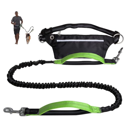 Freihändige Hundeleine mit Reißverschlusstasche, Zwei gepolsterten Griffen und verstellbarem Hüftgurt, Laufleinen, reflektierendes Design für Laufen und Gehen(Green) von Swiftelle