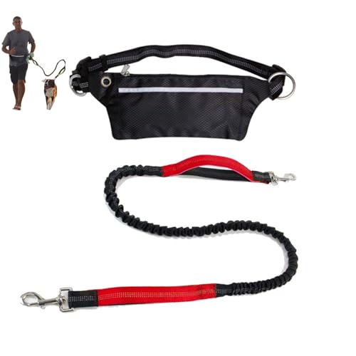 Freihändige Hundeleine mit Reißverschlusstasche, Zwei gepolsterten Griffen und verstellbarem Hüftgurt, Laufleinen, reflektierendes Design für Laufen und Gehen(Red) von Swiftelle