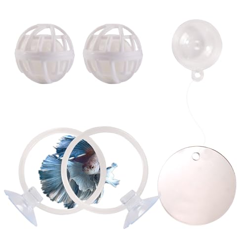 Swirge Betta Fischspielzeug, 2-teiliges Fisch-Trainingsring und Nitrifizierungskugel-Set, Betta-Spiegel-Spielzeug-Set, Futterring mit Saugnapf, Angeltank-Zubehör für Geschenke (weiß) von Swirge