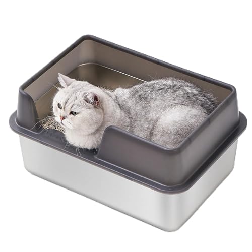 Katzentoilette aus Edelstahl mit Schaufel, Metalltoilette mit Seitlichem Zugang für Kleine Mittelgroße Haustiere, Oben Offene Katzentoilette, Hohe Seiten Geschlossene (Kleine von Sxhlseller