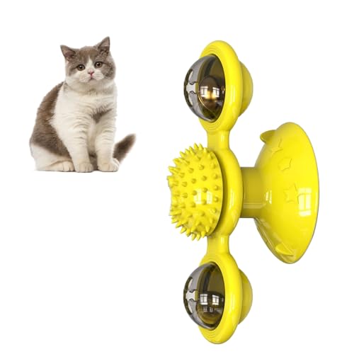 Sxhlseller Rotierendes Interaktives Katzenspielzeug, Windmühlen Katzenspielzeug für den Innenbereich mit Saugnapf, Multifunktionales Kätzchen Kammspielzeug für Wandtür (Yellow) von Sxhlseller