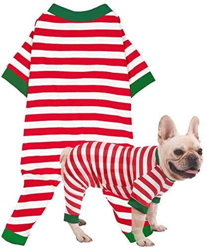 Sychien Hunde-Weihnachts-Pyjama, mittelgroß, rot und weiß gestreift, Baumwoll-Schlafanzug für Jungen, Mädchen, Hunde, Thermo-Herbst, Winter, Baumwolle, Overall für französische Bulldogge, M von SyChien