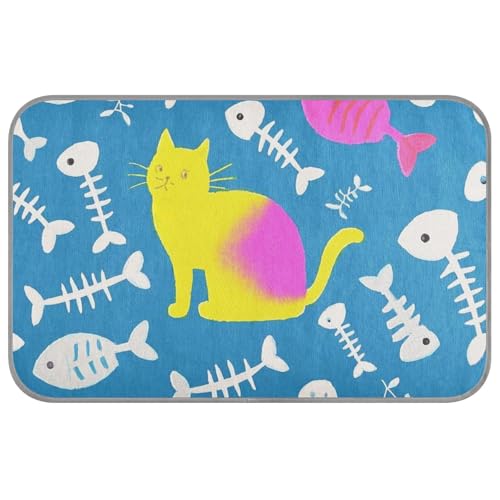 Kühlendes Hundebett, Motiv: Cartoon-Katze, Fischgräten-Silhouette, für den Sommer, selbstkühlende Matte für Katzen, draußen, wasserdicht, Größe M, Blau von SyXIOP