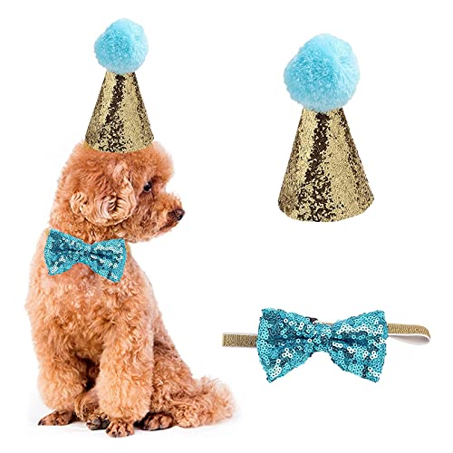 Symphony Haustiermütze und Fliege, 2 Stück/Set für Hunde und Katzen, Geburtstagsmütze mit Schleife, Kopfbedeckung, Kostüm für Welpen-Kitty-Party (hellblau) von Symphonyw