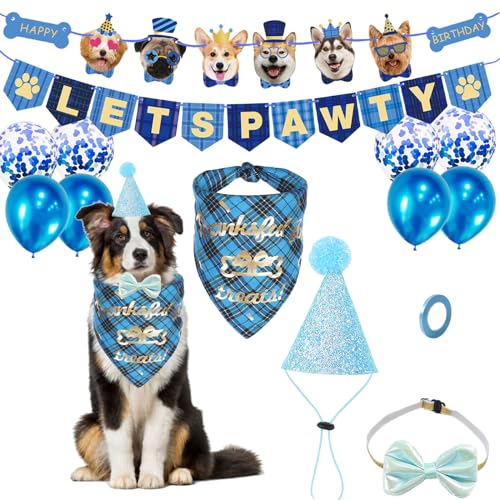 Hund Geburtstag Bandana Hut Banner Set, Hund Geburtstag Hut Scarfs Flag Balloon Fliege Halsband für Partyzubehör Hundegeburtstagsgeschenk (Blau) von Symphonyw