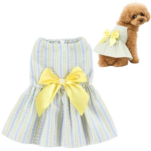Hundekleider für kleine Hunde, Niedliche Prinzessin Schleife Knoten Katze Kleider Floral Welpenkleider, Sommer Outfits für Welpen Kleine Hunde Katzen (Vertikale Streifen Gelb, XL) von Symphonyw