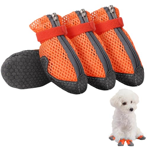Hundeschuhe Pfotenschutz, 4 Stück Atmungsaktive mit Rutschfester Sohle, Anti-Rutsch Sommer Mesh Hunde Schuhe für heiße Sommerböden Sommer Verstellbarem Hundestiefel fürkleine Hunde (Orange, L) von Symphonyw