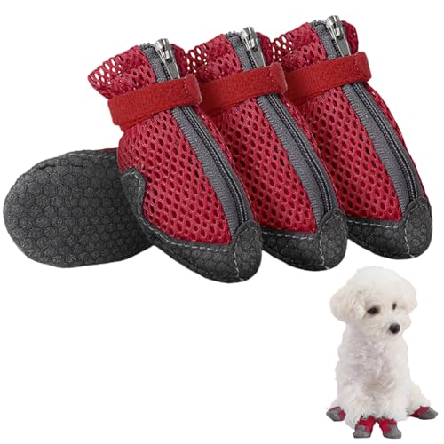 Hundeschuhe Pfotenschutz, 4 Stück Atmungsaktive mit Rutschfester Sohle, Anti-Rutsch Sommer Mesh Hunde Schuhe für heiße Sommerböden Sommer Verstellbarem Hundestiefel fürkleine Hunde (Rot, S) von Symphonyw