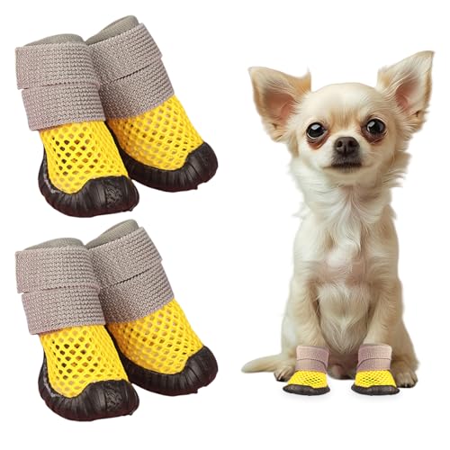 Pfotenschutz Hundeschuhe, 4 Stück Atmungsaktive Hunde Schuhe Mesh Welpen Hitzebeständig Hundeschuhe für heiße Sommerböden, Sommer Verstellbarem Hundestiefel fürkleine Hunde (Gelb, M) von Symphonyw