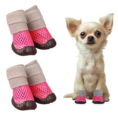 Pfotenschutz Hundeschuhe, 4 Stück Atmungsaktive Hunde Schuhe Mesh Welpen Hitzebeständig Hundeschuhe für heiße Sommerböden, Sommer Verstellbarem Hundestiefel fürkleine Hunde (Rosa, 2XL) von Symphonyw