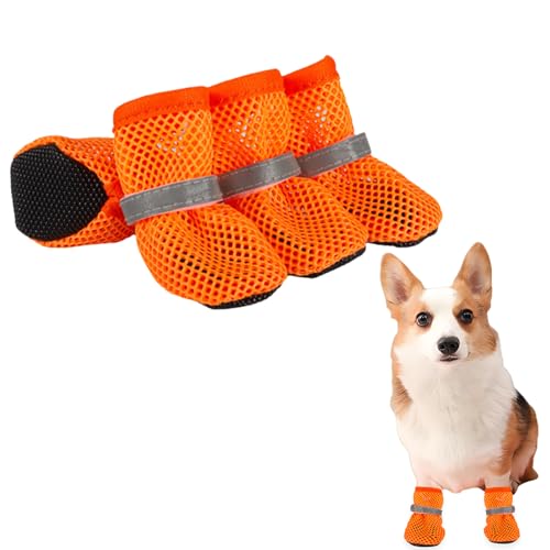 Sommer Mesh Hunde Schuhe, 4 Stück Atmungsaktive Pfotenschutz Hundeschuhe Anti-Rutsch Hundeschuhe für heiße Sommerböden, Sommer Verstellbarem Hundestiefel fürkleine Hunde (Orange, XL) von Symphonyw